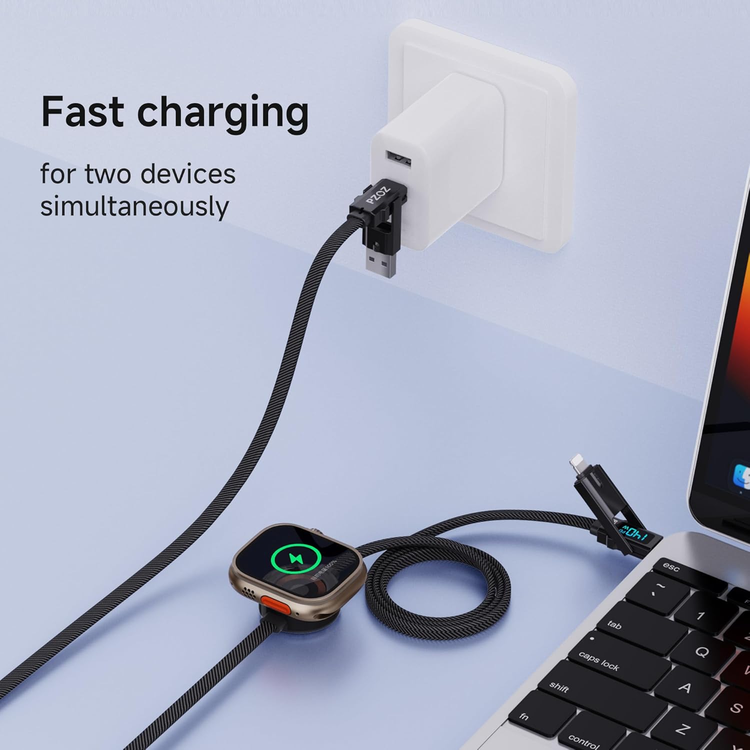 pzoz Multi Fast Charging Cable with LED Display, 4 in 1 Charger Combo Travel Essentials for Apple Watch Charger, USB C/A to Lightning/Type C/Micro for iWatch, iPhone, iPad, Samsung (140W, 5 ft)