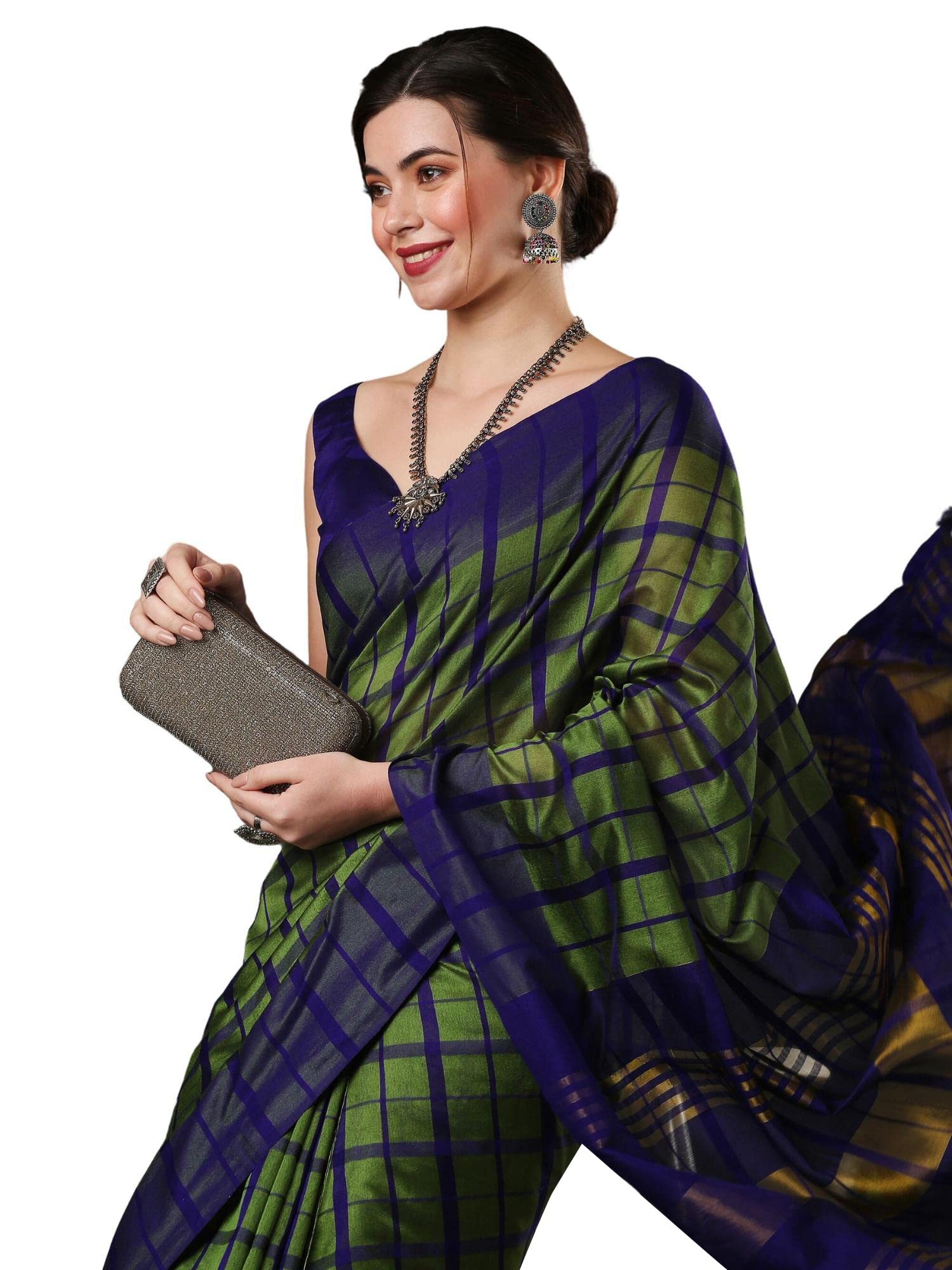 AKHILAMWomen's Checkered Aura Silk Jacquard Solid Saree With Unstitched Blouse Piece (13AURA1301_Parent)