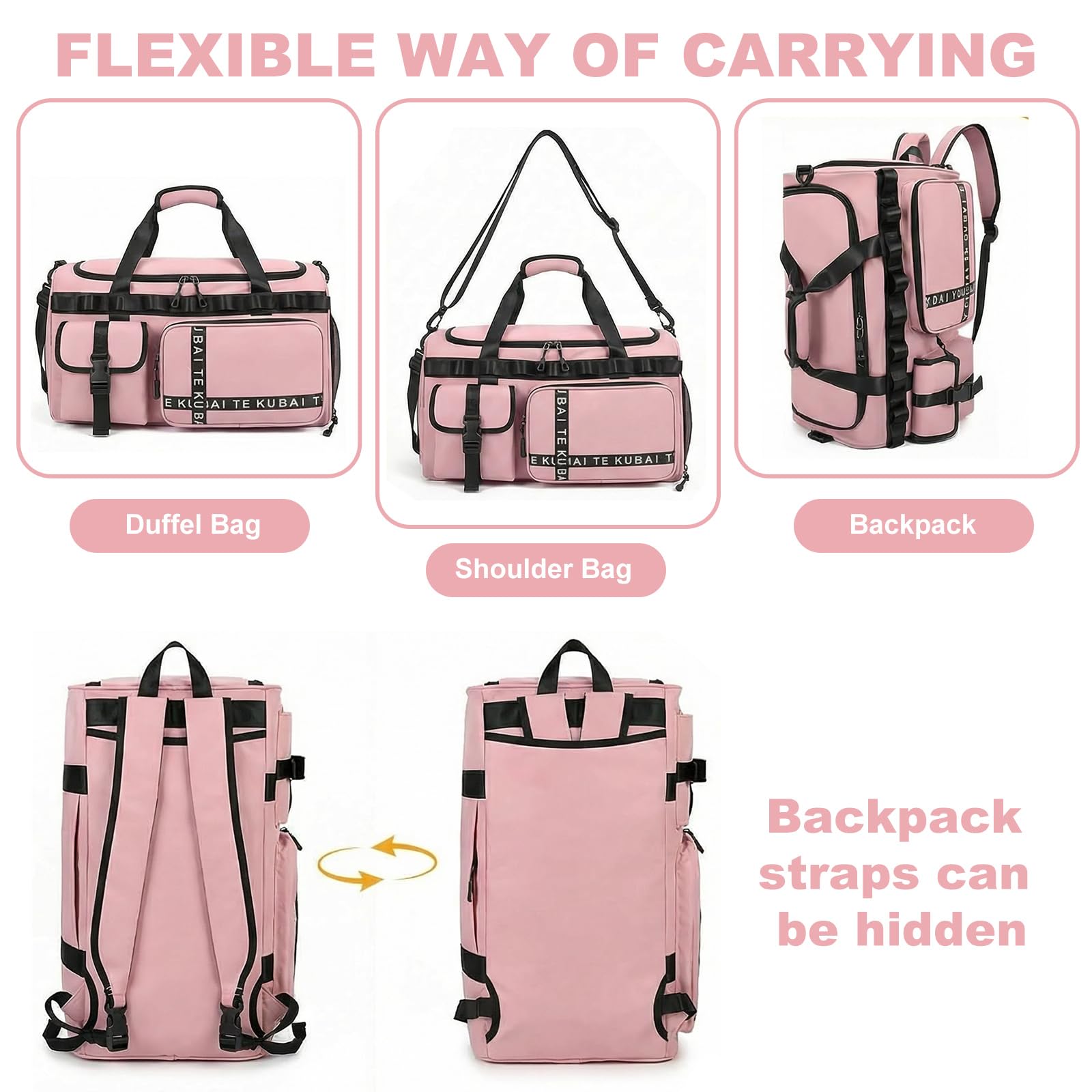 Sporttasche Reisetasche für Damen und Herren, Groß 65L Sporttaschen mit Schuhfach & Nassfach, Large Capacity Reise Tasche Gym Bag, Travel Schwimmtasche Übernachtung Tasche (Rosa)