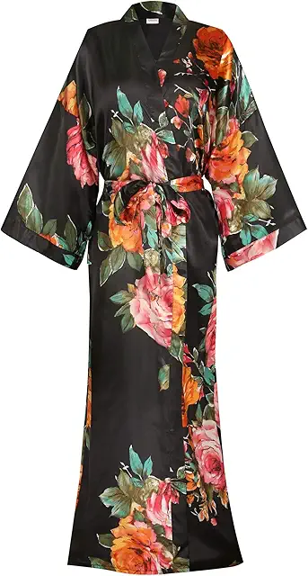Long Floral Satin Kimono Dressing Gown - Morgonrock Dam Satin