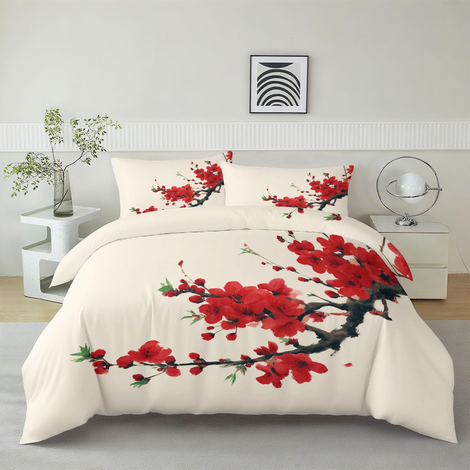Zestaw poszewek na kołdrę w stylu malarstwa atramentowego, rozmiar super king-size, 260 x 220 cm, szczotkowana mikrofibra, miękkie poszewki na kołdrę z narożnymi wiązaniami, gałęzie, kwiaty, dekoracja