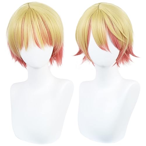 Miniatura 5 de ANOGOL Gorro de pelo + peluca corta dorada, peluca rosa degradado para peluca Tenma Tsukasa, peluca de cosplay, peluca recta para cosplay, peluca