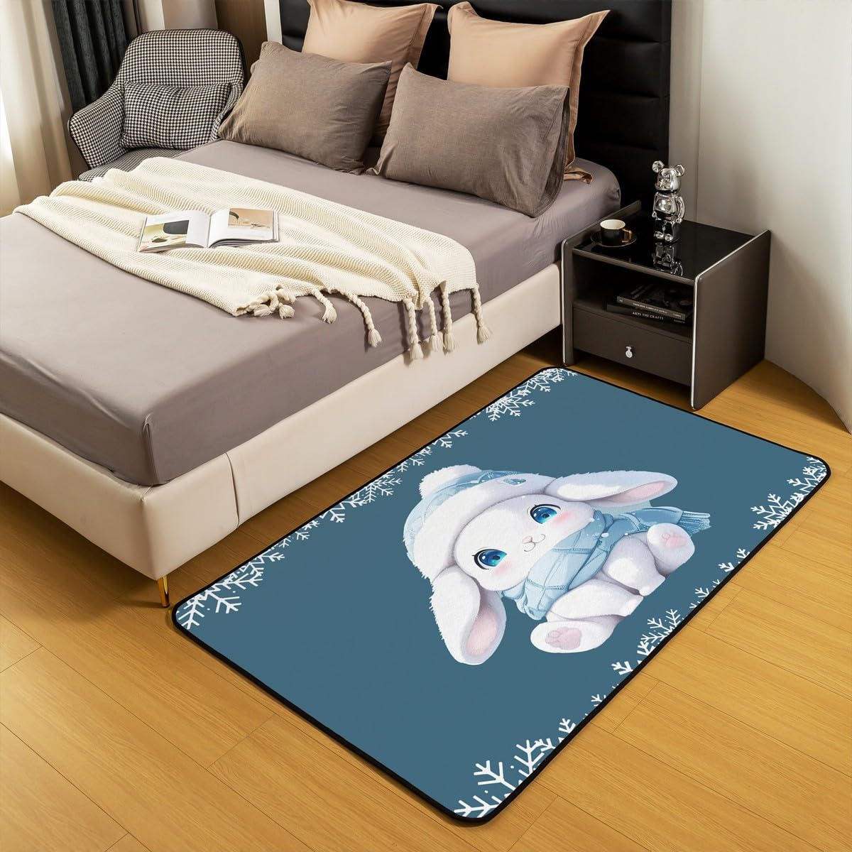 Homewish Wesołych Świąt Dywaniki 100 x 150 cm - Kawaii Królik Salon Dywan Zimowy Magiczny Płatek śniegu Kwiatowy Niegubi Dywan Dzieci Kreskówka Królik Szalik Czapki Dywany