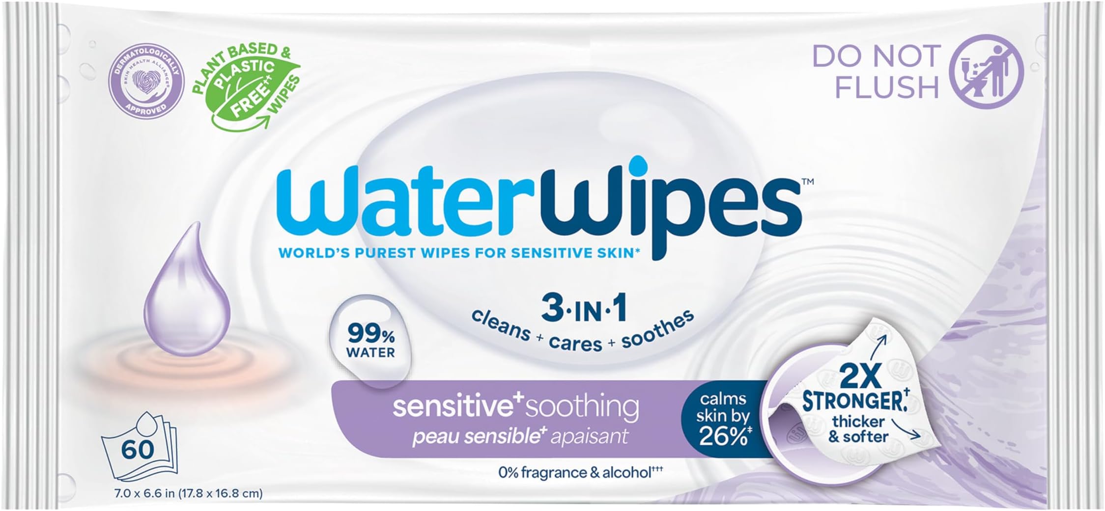 WaterWipes Sensitive+ Soothing Wipes, 3-In-1 Cleans, Cares, Soothes, 99% Water with Botanical Extract, Unscented & Hypoallergenic Baby Wipes, 60 Count (1 Pack)