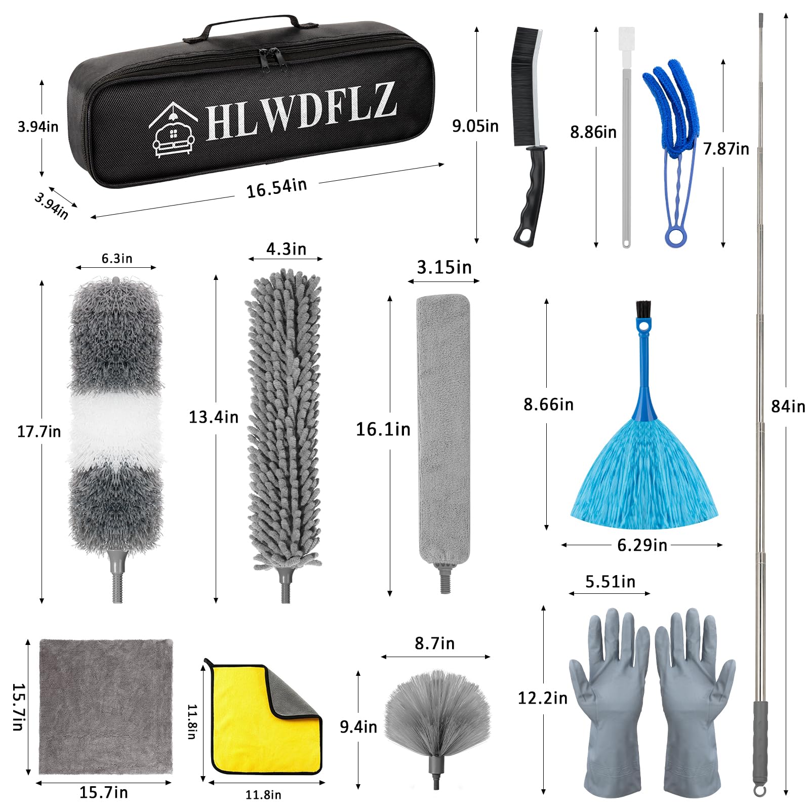 Kit de plumero de microfibra de 25 piezas con poste de extensión de 30 a 100 pulgadas y herramienta de limpieza de zócalos, lavable y flexible para limpiar ventiladores de techo, techos altos,