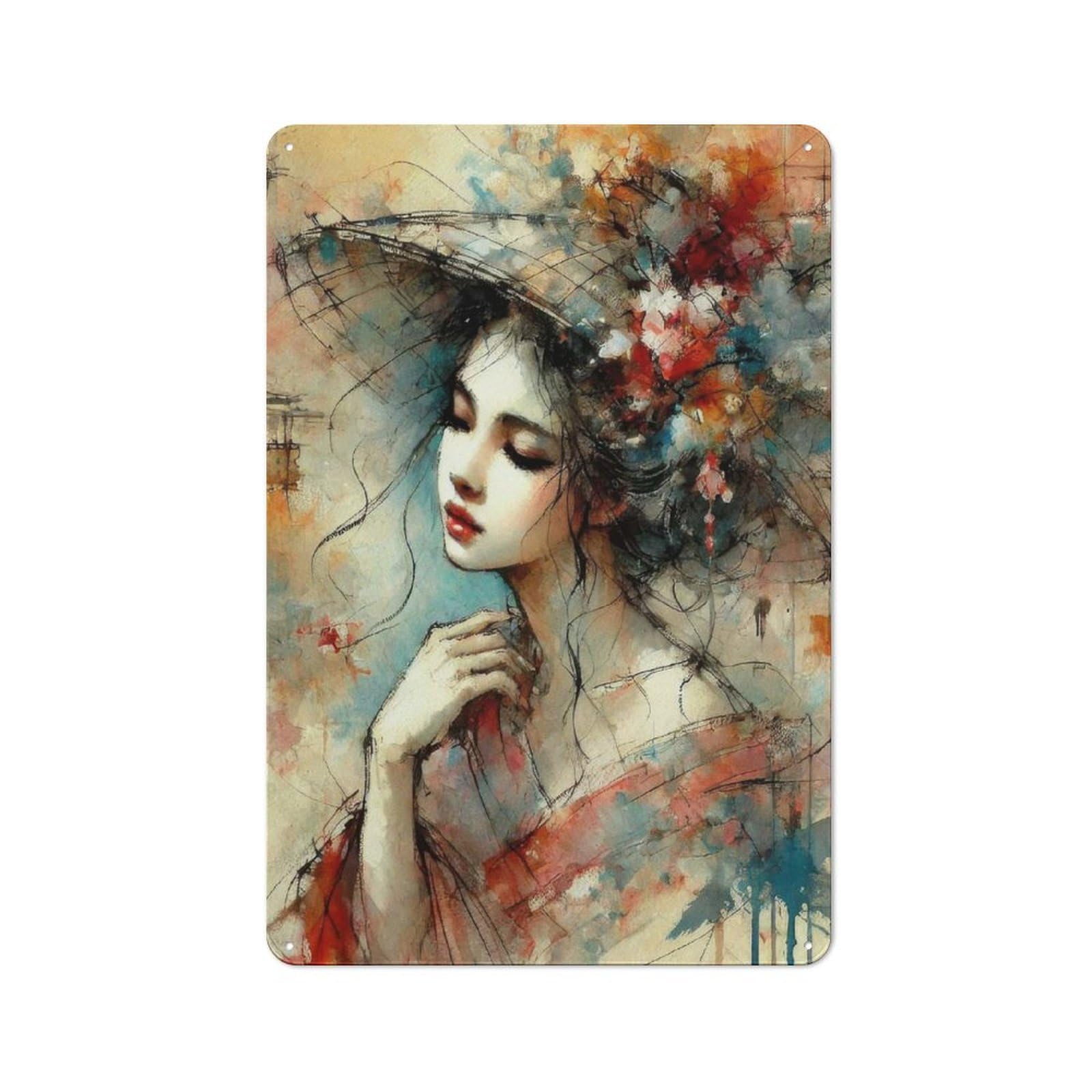 Junmoney Style-6 Watercolor Portrait Of Woman Tin Wall Plaque 30X20cm, Rustic Cottage Wall Art For Dining Room, Cafe, Entryway Or Family Room