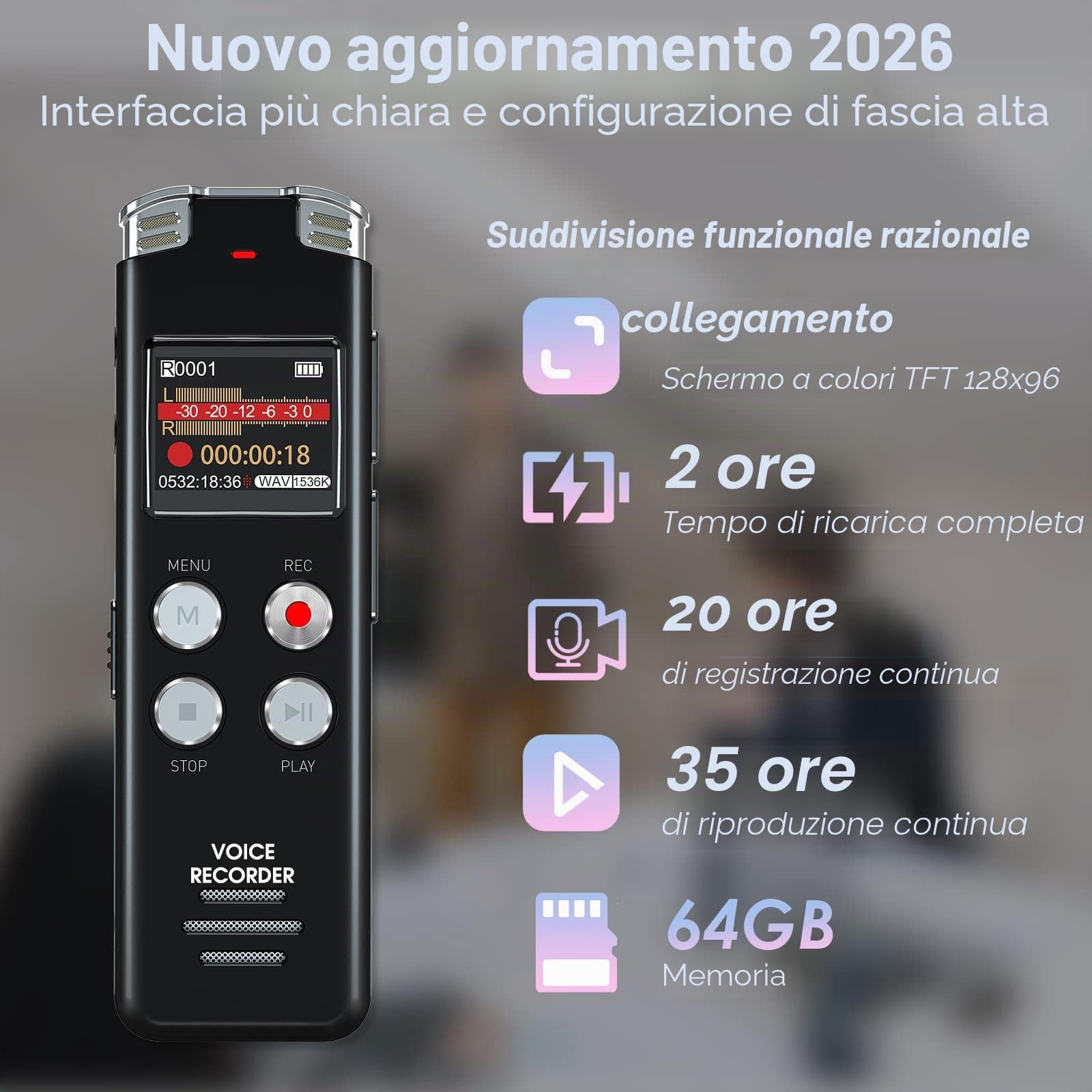 EVISTR 64GB Registratore Vocale Professionale - Voce Attivata Registratore Portatile con Riproduzione, Migliorato Piccolo Dittafono conlettore MP3 a ricarica USB per Conferenze, Riunioni, Interviste
