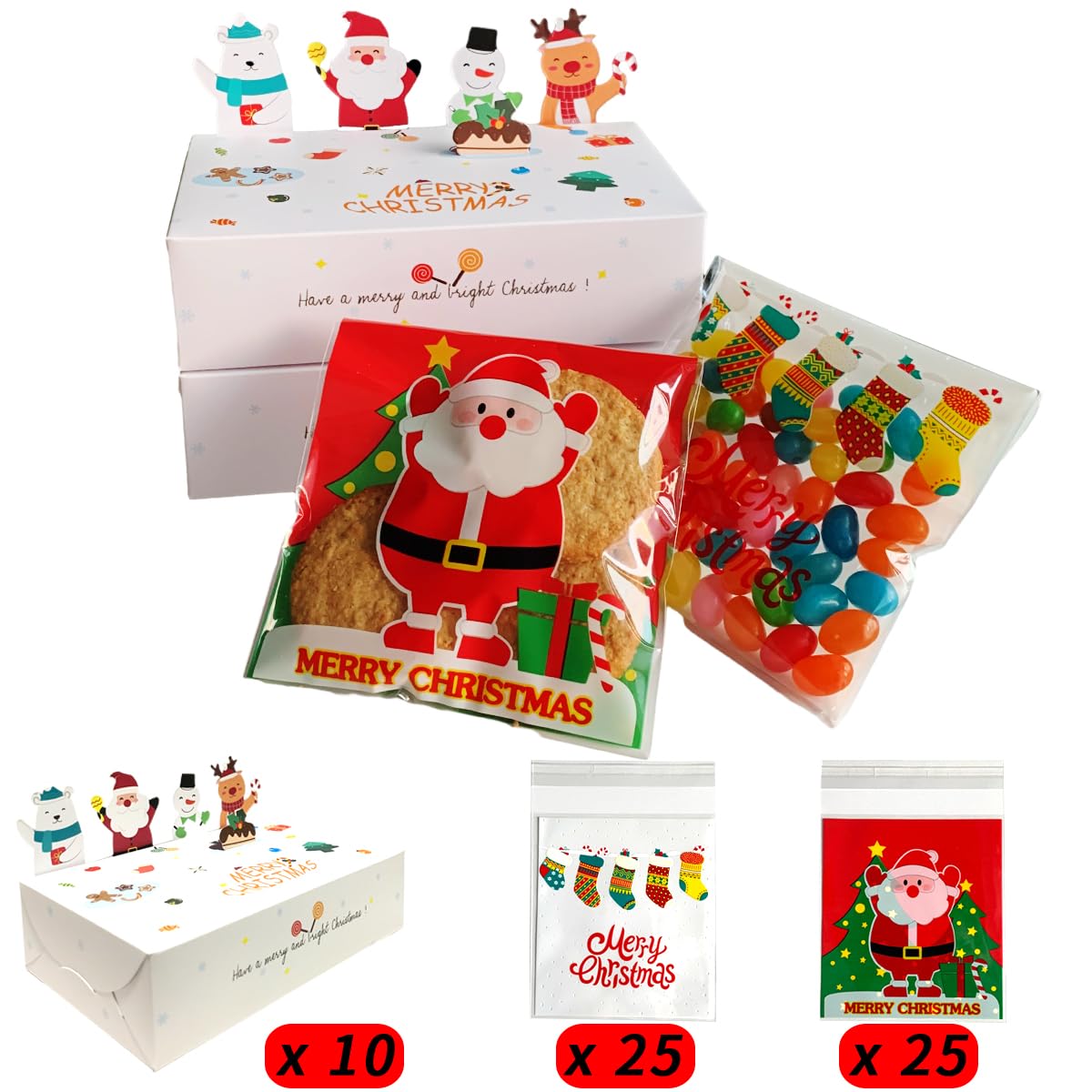 Kanehosi Christmas Cookie Boxes 10Pcs & Cookie Bag 50Pcs, Cute 3D Christmas Style Biscuit Boxes & Santa Claus Cookie Packaging Bags, Christmas Gift for Family Friend Children (Red)