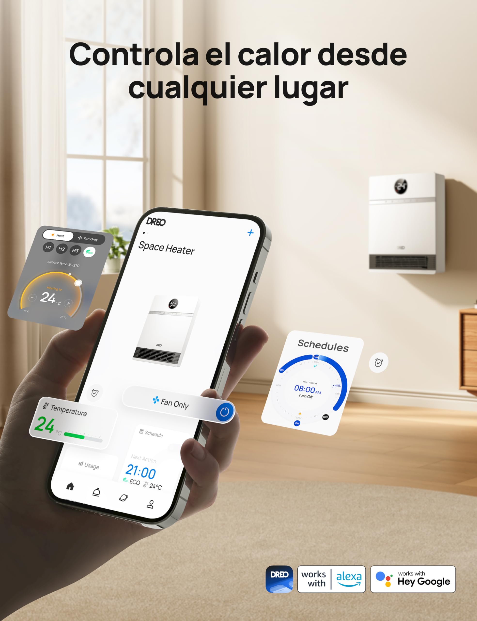 Dreo Inteligente Calefactor Bajo Consumo, Oscilación de 30°, 2000W Termoventilador Electrico, Calefactor Baño Pared, Termostato Ajustable, Control Remoto, 24H Temporizador, Instalación Sencilla, Alexa