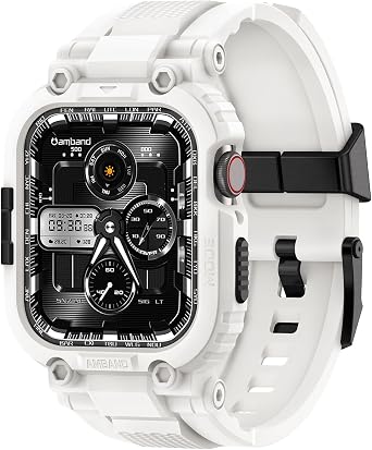amBand Bands Compatible with Apple Watch 9/8/7 45mm, M1 Sport Series Rugged Case with TPU Strap Military Protective Tough Cover Bumper for iWatch SE3/SE2/SE/6/5/4 44mm Men White