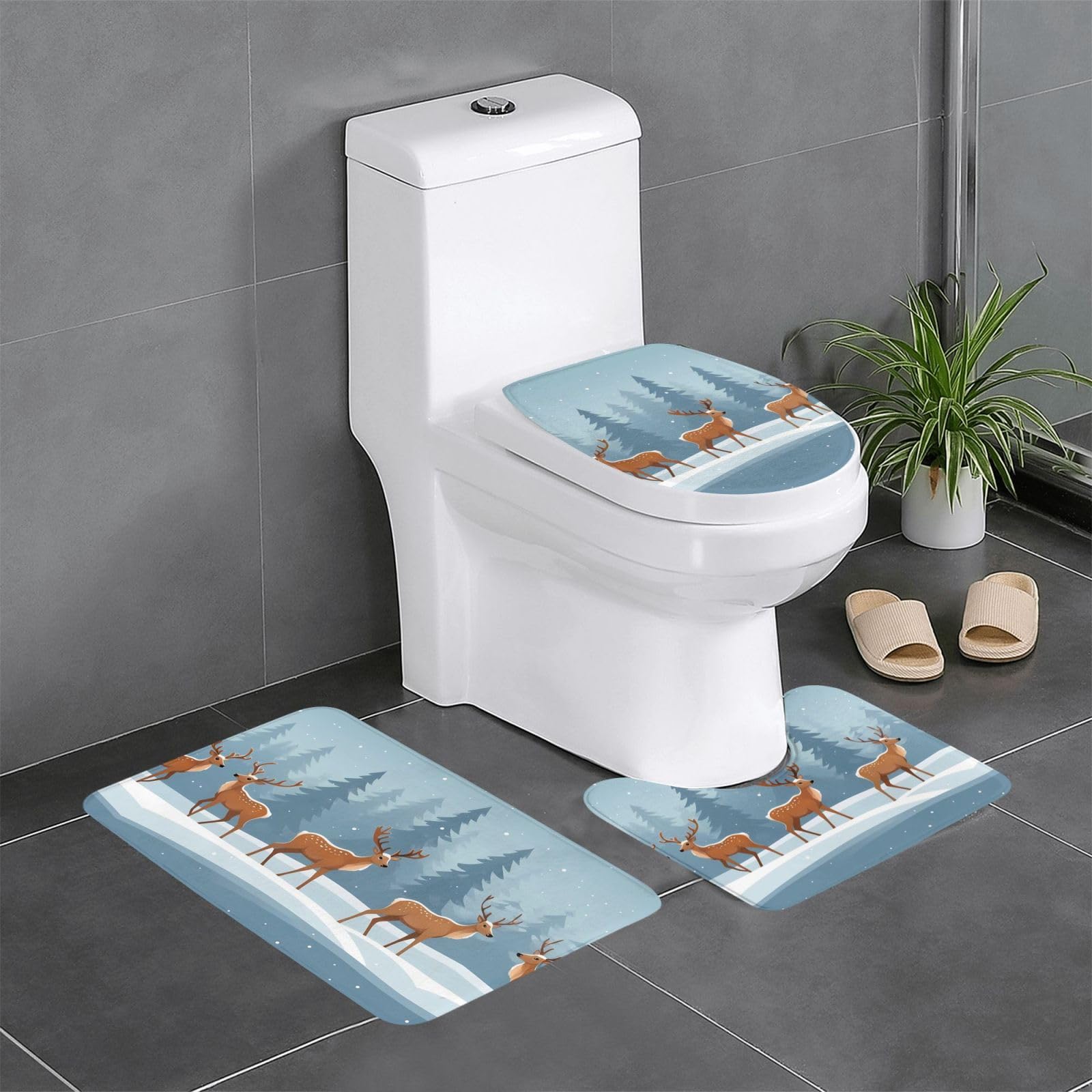 Tapis de salle de bain antidérapants Noël | Lot de 3 pour WC et lavabo motif cerfs d'hiver