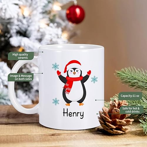 Miniatura 4 de Taza de Navidad personalizada con nombre para niños, taza de chocolate caliente, taza de Navidad de pingüino, taza de té de cerámica de 11 onzas,