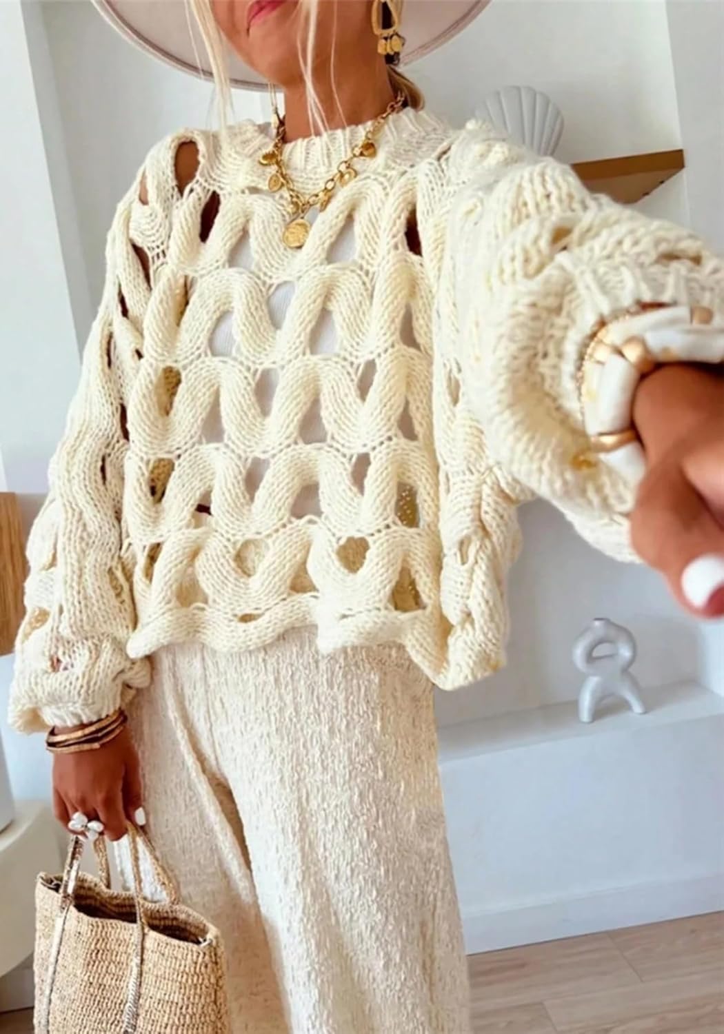 LETSVDO Women's Crochet Hollow Out Sweater Long Sleeve Crewneck Mesh Knit Pullover Tops Casual Beach Vacation Cover Ups