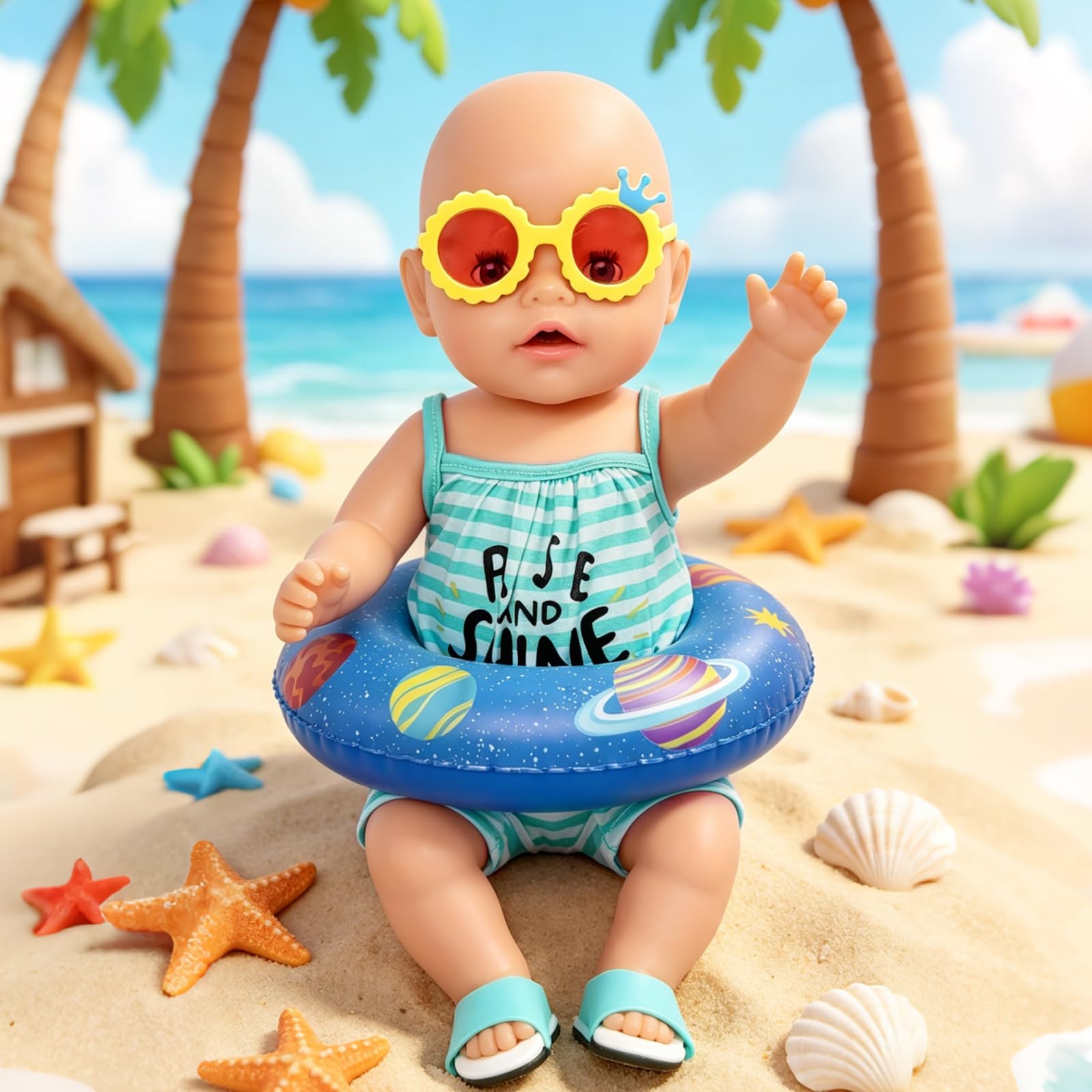 6-Teiliges Puppenkleidung 35–43 cm Sommer Set, Blau Weiß Gestreiftes Puppen Outfit mit Blauen Sandalen, Gelber Sonnenbrille, Blauem Schwimmring und Kleiderbügel