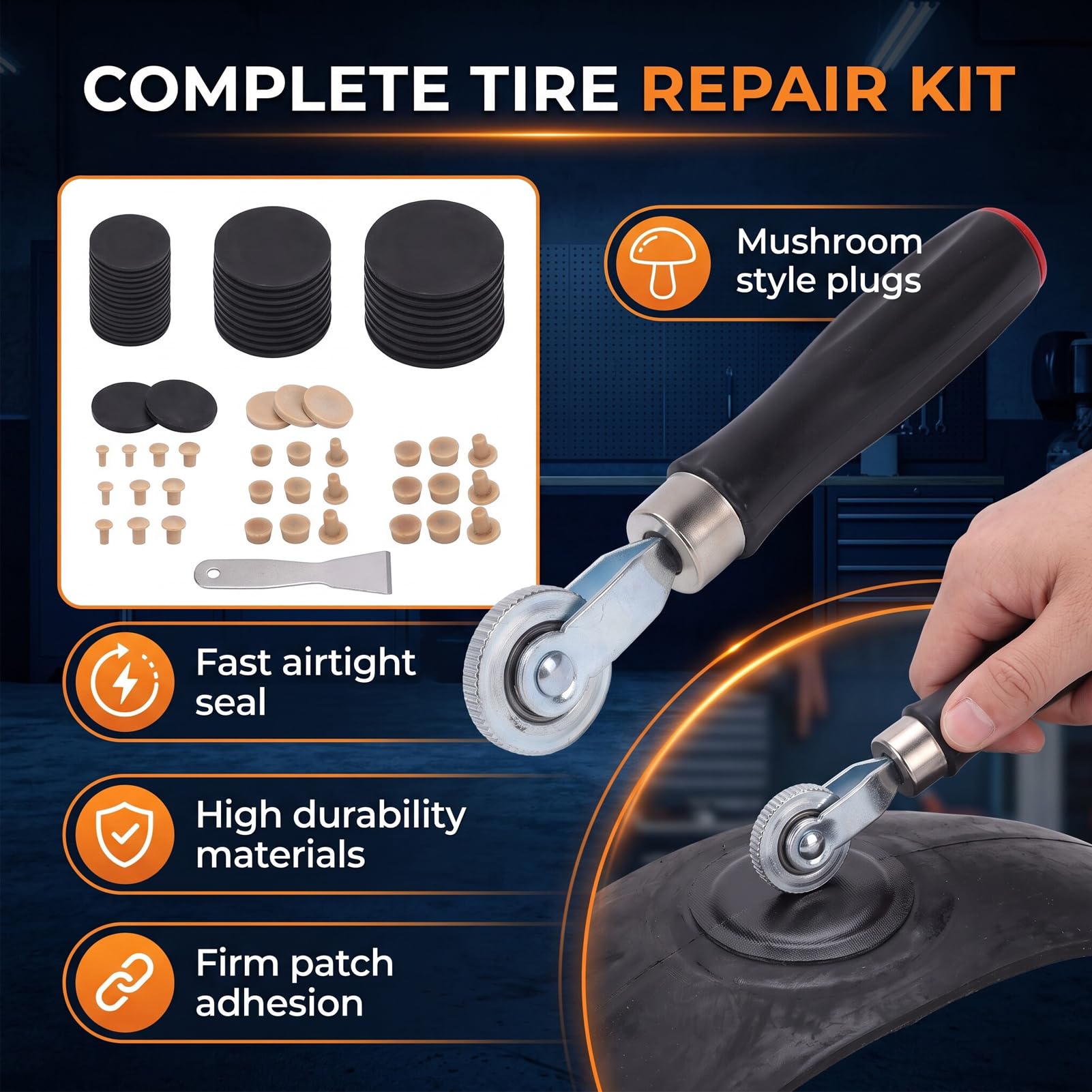 Kit di Riparazione Pneumatici 48 Pezzi, Set di Toppe e Tappi in Gomma con Rullino Raschiatore e Ruota Abrasiva per Auto