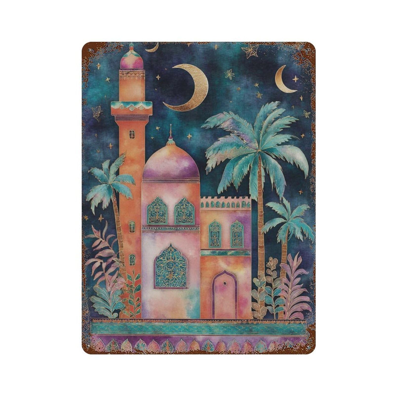 xiaoxiaoshen Moorish Palace Moroccan Night Crescent Moon Exotic Architecture Dreamy Arabian Wall Decor Art Metal Tin Poster Modern Home Decor Art Home Bar Shop Decorations Vintage Sign 40x30cm