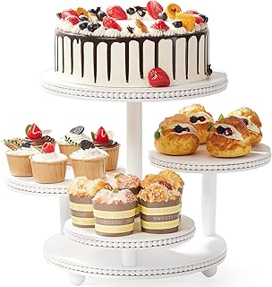4 Tier Round Cupcake Tower Stand Beaded, Wood Cake Stand with Tiered Tra...