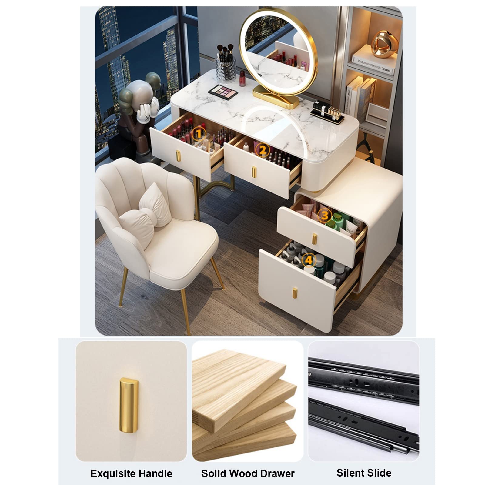 Vanity moderno per il trucco con luci, grande tavolo da toeletta regolabile con illuminazione a 3 colori, elegante design grigio, include comodino mobile e sgabello in peluche, perfetto per gli amanti