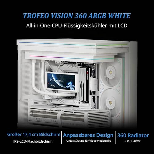 Thermalright Trofeo Vision 360 ARGB White CPU Liquid Cooler for AM4/AM5, Intel LGA1851/1700, 6.86-inch Full Colour LCD Display with 1280x480 Resolutions Magnetic Panel Screen - 2