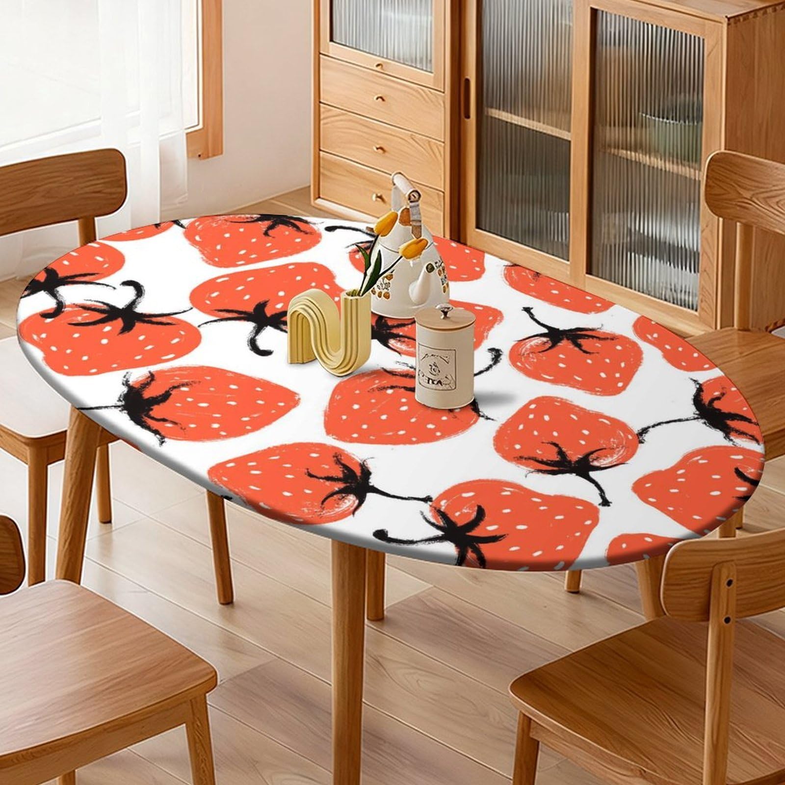 Highdi Waterproof Oval Tablecloth Cover - Oxford Cloth - Elastic Fitted for Kitchen/Garden Oval Tables, Stain-Resistant Wipe-Clean 3D Strawberry Table Cover (pattern 3,140x190cm)