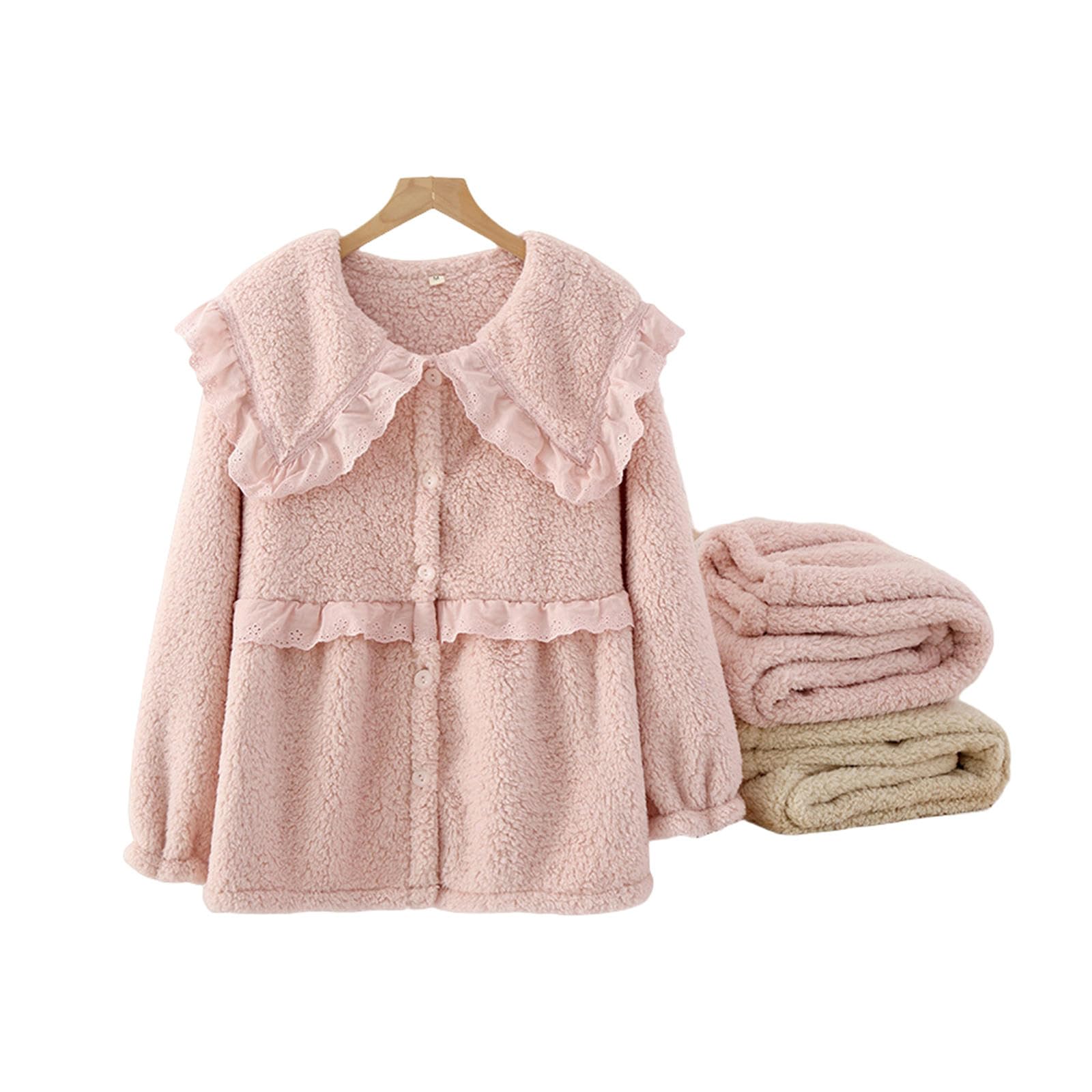 Pigiama Donna Invernale Pigiami in Fiamme Set da Donna Set Inverno Densi Abiti da Casa di Pigiami Invernali-Polvere di Pesca-l