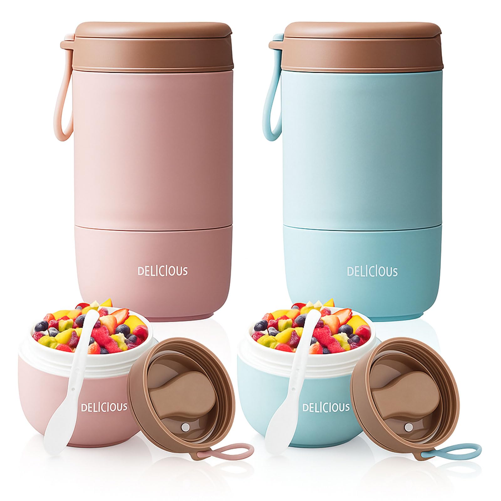 Vasos de cereales para llevar con tapa, 2 unidades, material PP, vasos de yogur para llevar con cuchara, vaso de cereales para llevar, doble capa, a prueba de fugas, perfecto para el trabajo, la