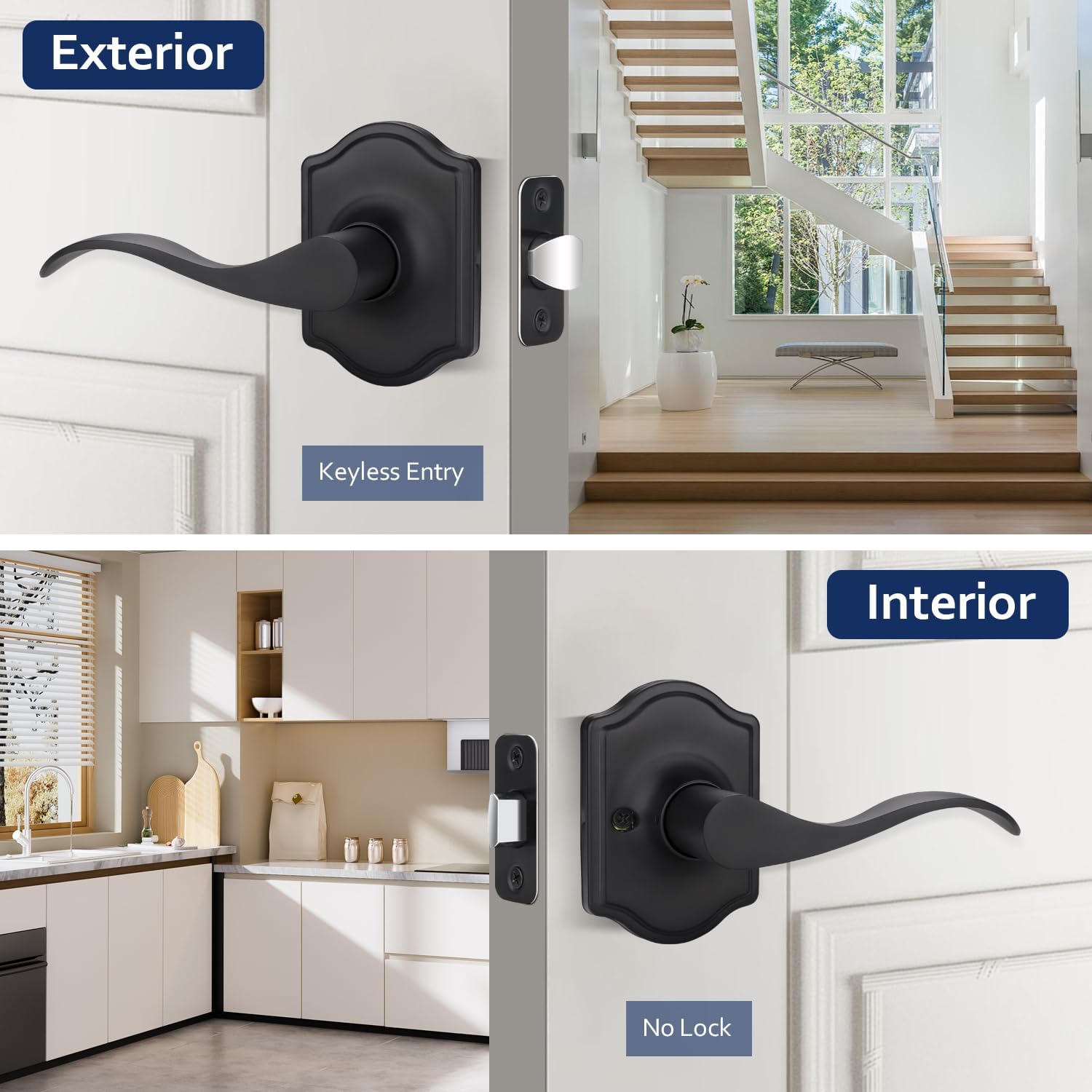 2 Pack Black Interior Door Handle, Passage Door Knob No Lock, Keyless Hallway/Closet Door Knobs, Wave-Design Lever Door Handle, Reversible for Left/Right Handed Doors