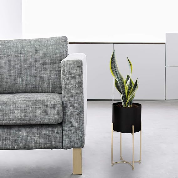 LANPU Modern Planters Stand with Pot, Mid Century Tall Black Planter with Gold Plant Stand, Floor Planter for Indoor Plants (Set of 3)