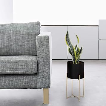 LANPU Modern Planters Stand with Pot, Mid Century Tall Black Planter with Gold Plant Stand, Floor Planter for Indoor Plants (Set of 3)