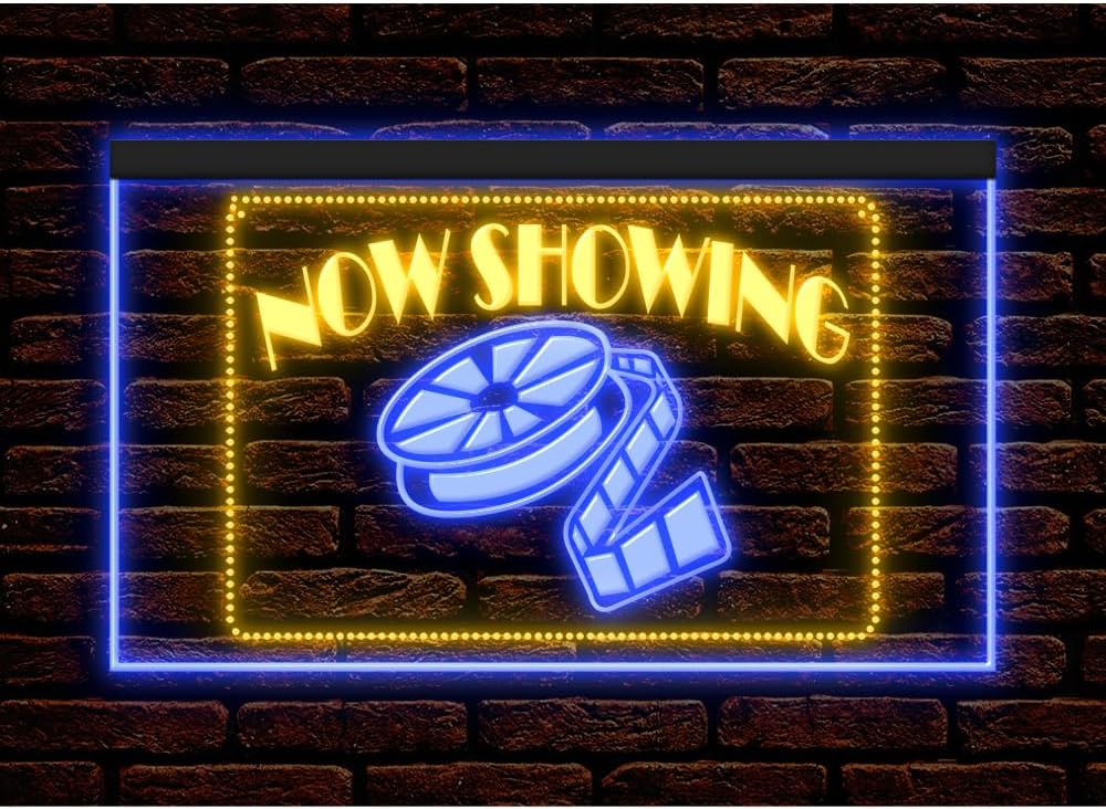 140029 Now Showing Movies Theater Home Decor Studio illuminated Display LED Night Light Neon Sign 7 Colors / 16 Colors By Remote / 13 Set Dual Color Two Tone Color (Blue & Yellow, 12" X 8")