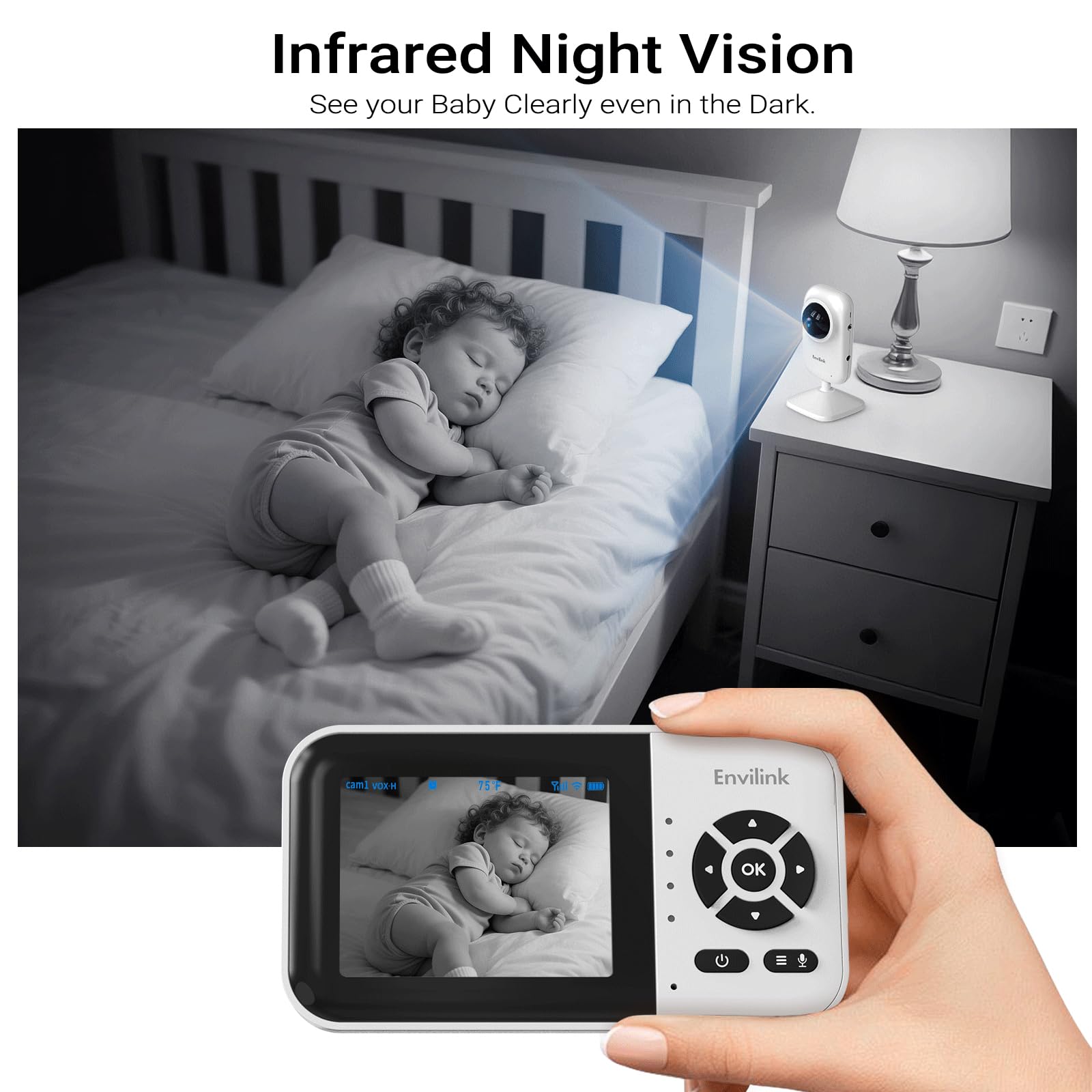 Baby Monitor con telecamera e audio, baby monitor video, visione notturna WiFi, display LCD da 2,8 pollici, telecamera per bambini, allarme modalità VOX e lungo raggio di 304,8 m