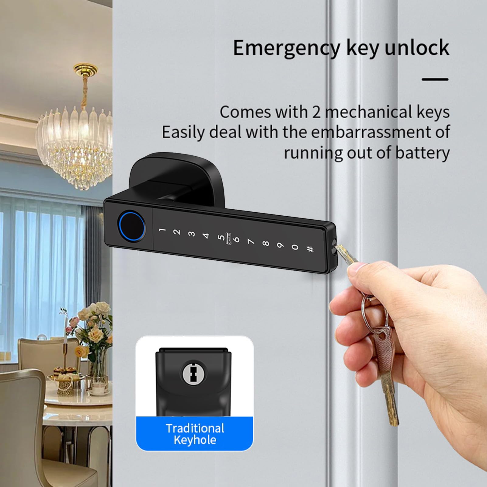Maniglia per Porta Intelligente Blocco Impronta Digitale Tastiera per Accesso Senza Chiave Blocco di Sicurezza Biometrico 6 Metodi di Sblocco Installazione Semplice per Hotel con (Nera)