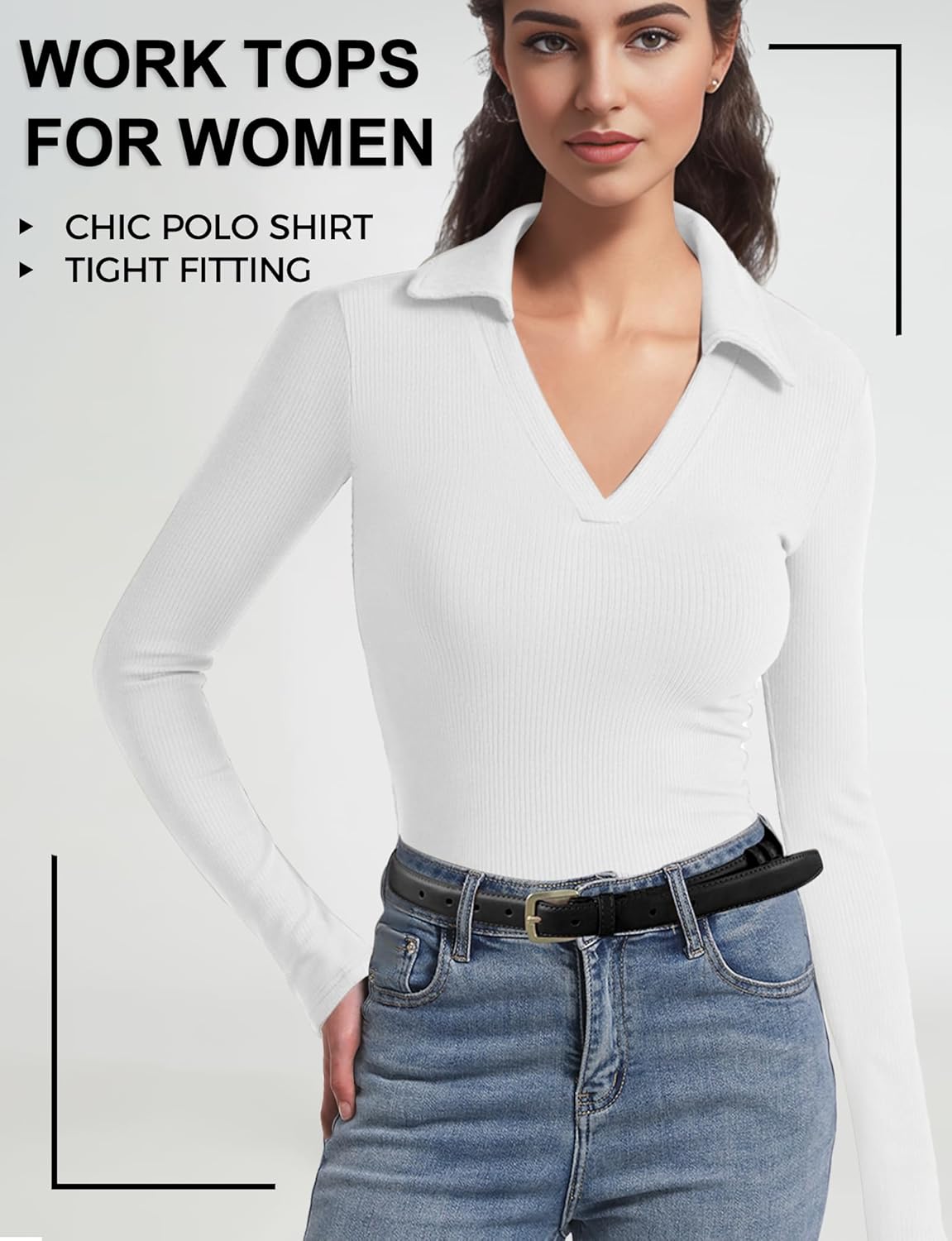 Long Sleeve Polo Shirts for Women V Neck Business Casual Work Tops Collared Shirts Slim Fit T-Shirts Fall Clothes Ladies Soft Ribbed Knit Work Shirts Trendy Fall Fashion Outfits, M, White - Image 6