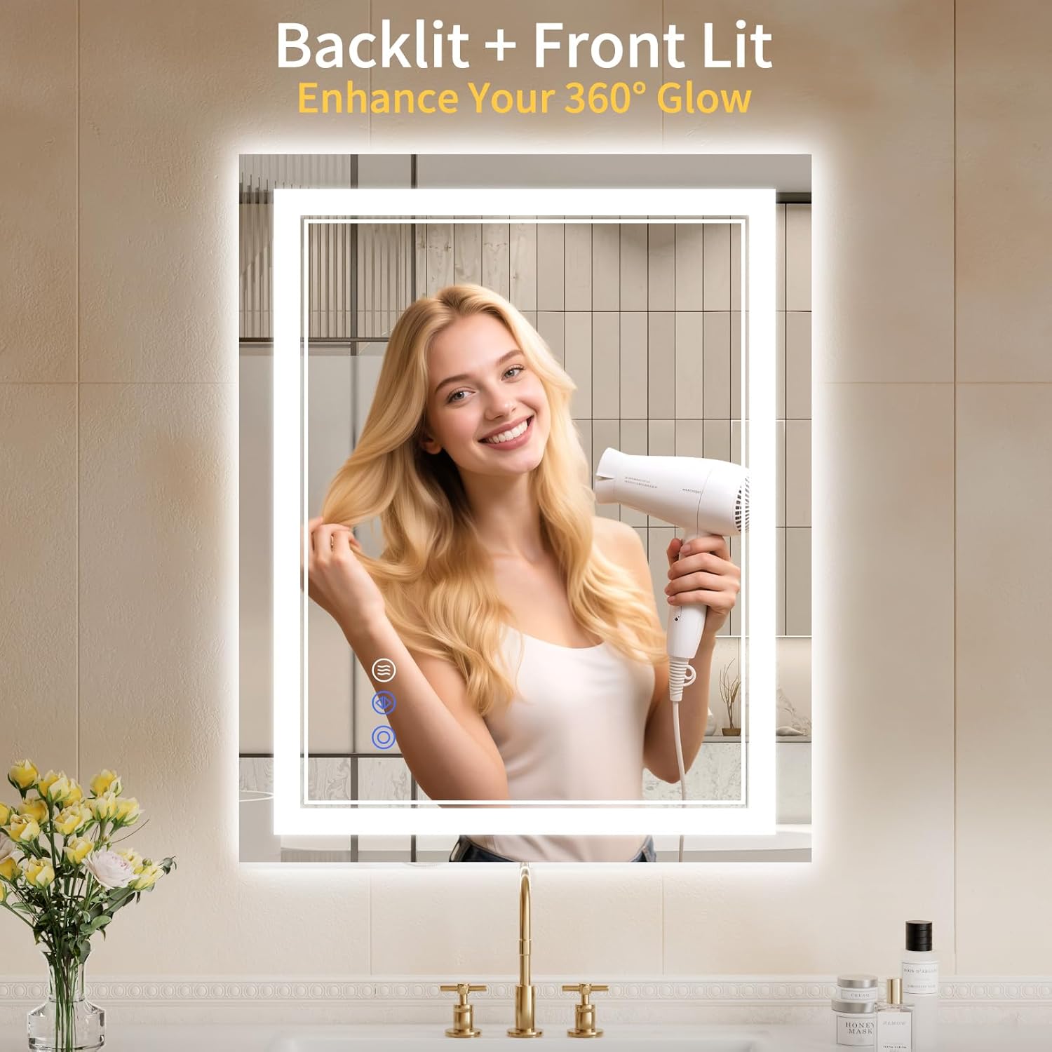 24"x30" led bathroom mirror with lights, anti-fog, backlit + front lit, dimmable, led vanity mirror for wall, lighted bathroom mirror, 3 colors, shatter-proof tempered glass white 24"l x 30"w