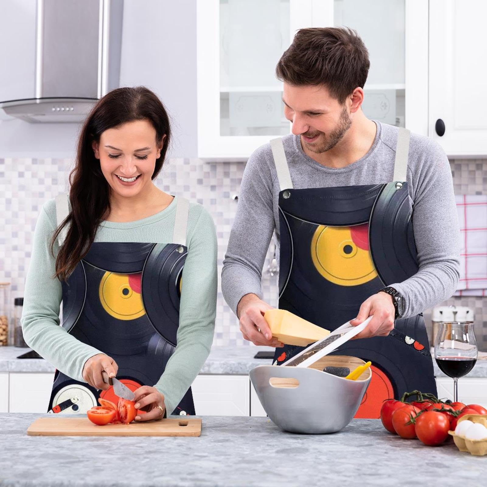 Lot de 2 tabliers de cuisine de cuisine - Motif disque vinyle rétro - Imperméable et réglable - Avec 2 poches - Pour homme et femme, Motif disque vinyle rétro,