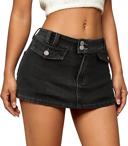 Genhoo Women's Denim Mini Skirt Sexy Low Rise Jean Skirt