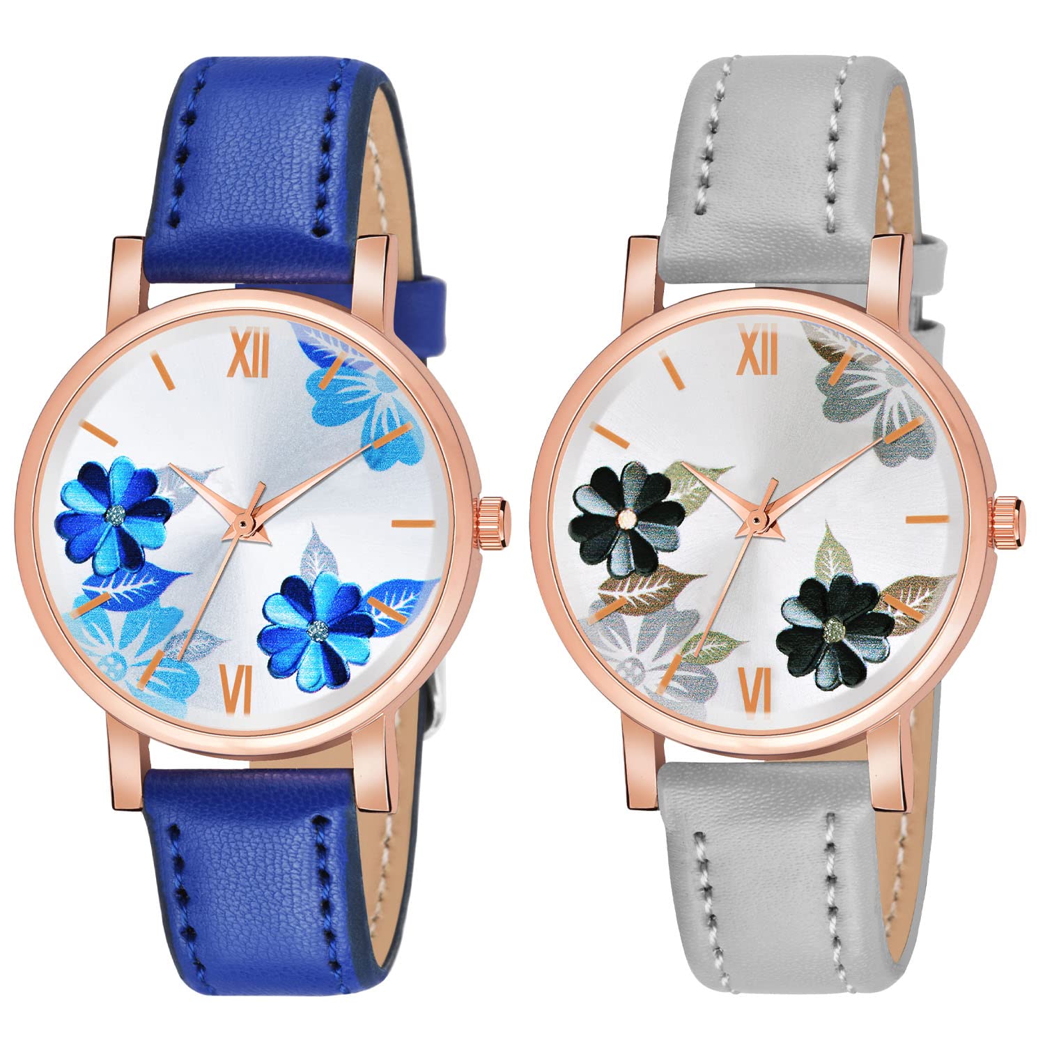 Shocknshop Analog Multi colored Flower Design Dial Combo Wrist Leather Band Watch for Women Girls - (Blue & Grey Colored Strap) (B0BD8P2S9X) Amazon Price History, Amazon Price Tracker