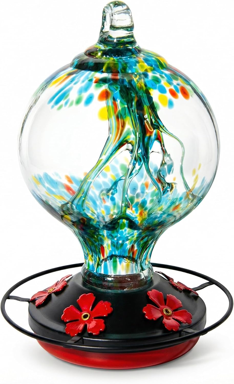 Hummingbird Feeder for Outdoors Hanging, 34 Oz, Hand Blown Inner Glass Uniqe Gift for Garden Lover Women, Ant Moat & Bee-Resistant Ports, Hook & Brush Included, Rainforest Blue
