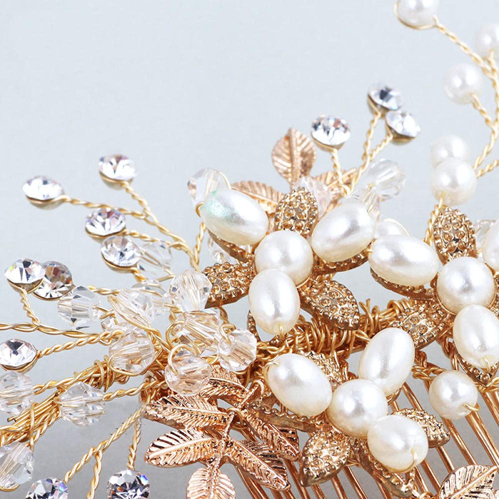 Haarkamm, Haarspangen, Brautperlen-Haarkamm (Gold), Vintage-Blumen und Blätter, Haarschmuck, künstlicher Abschlussball, Strand, Haarschmuck, Kopfbedeckung für Frauen und Mädchen