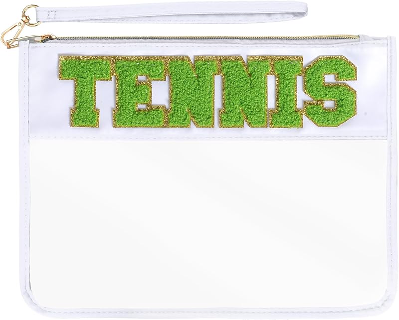 Necessaire plana de nylon transparente Hmxpls com zíper e aplique de letra, Branco-TENNIS, 1 unidade