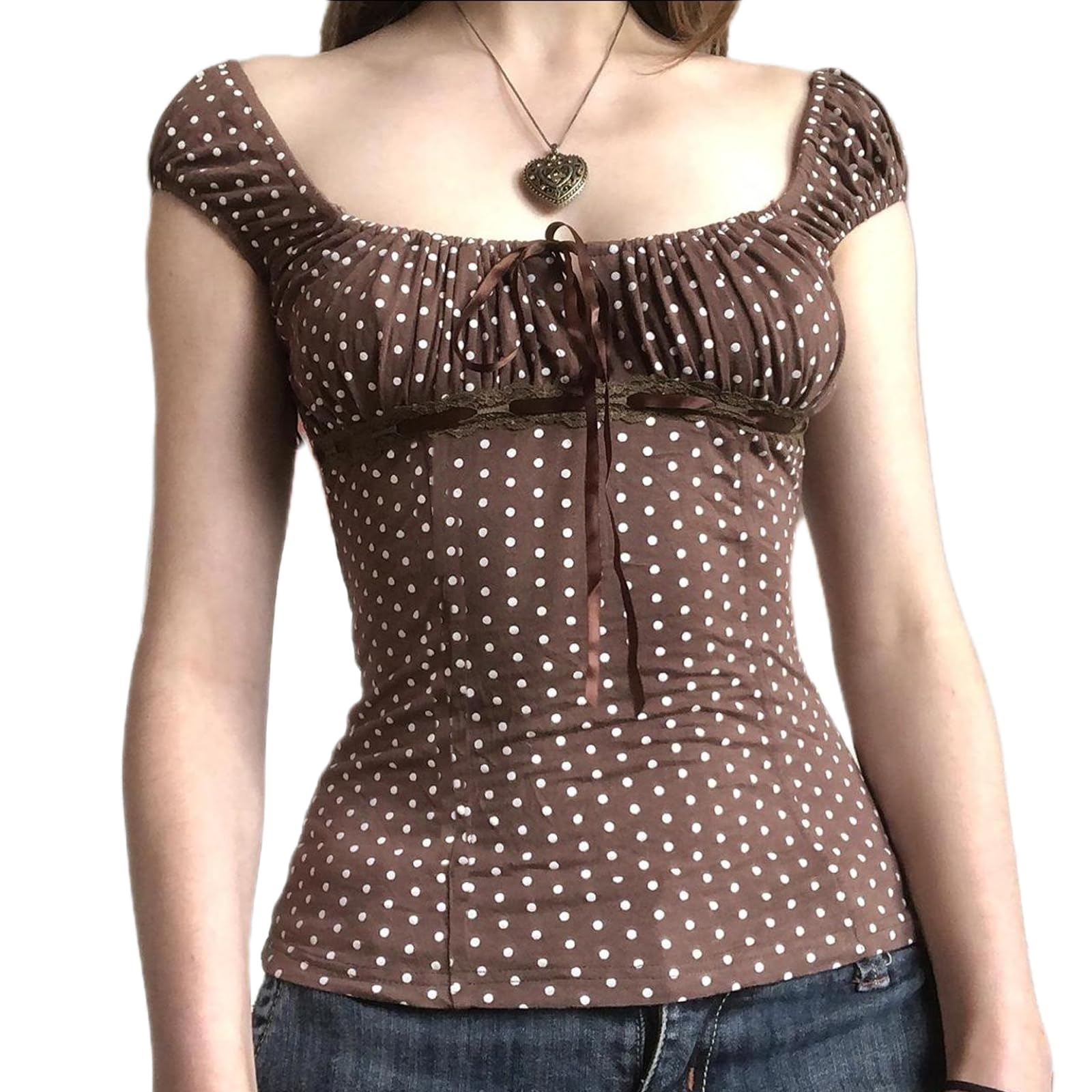 Photo 1 of Women Fairy Grunge Shirt Summer Cap Sleeve Lace Up Polka Dot Milkmaid Tops Vinatge E-Girls Aesthetic Clothes (Brown, L)