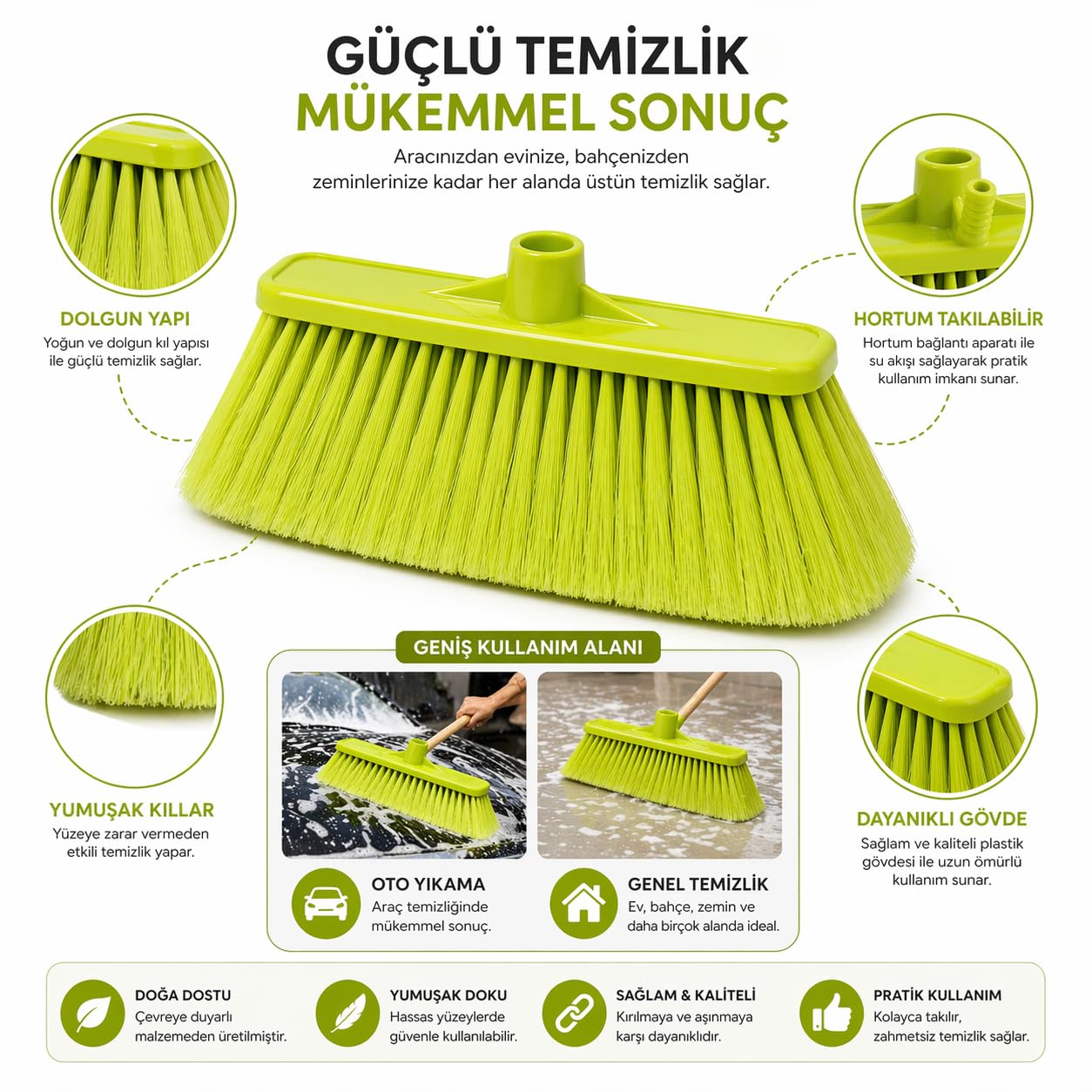 Orret Home Yumuşak Kıllı Oto Yıkama Fırçası Hortum Girişli Araç Yıkama Fırçası Yer Süpürme Temizlik Fırçası Çok Amaçlı Dolgun Fırça (ASORTİ RENK)