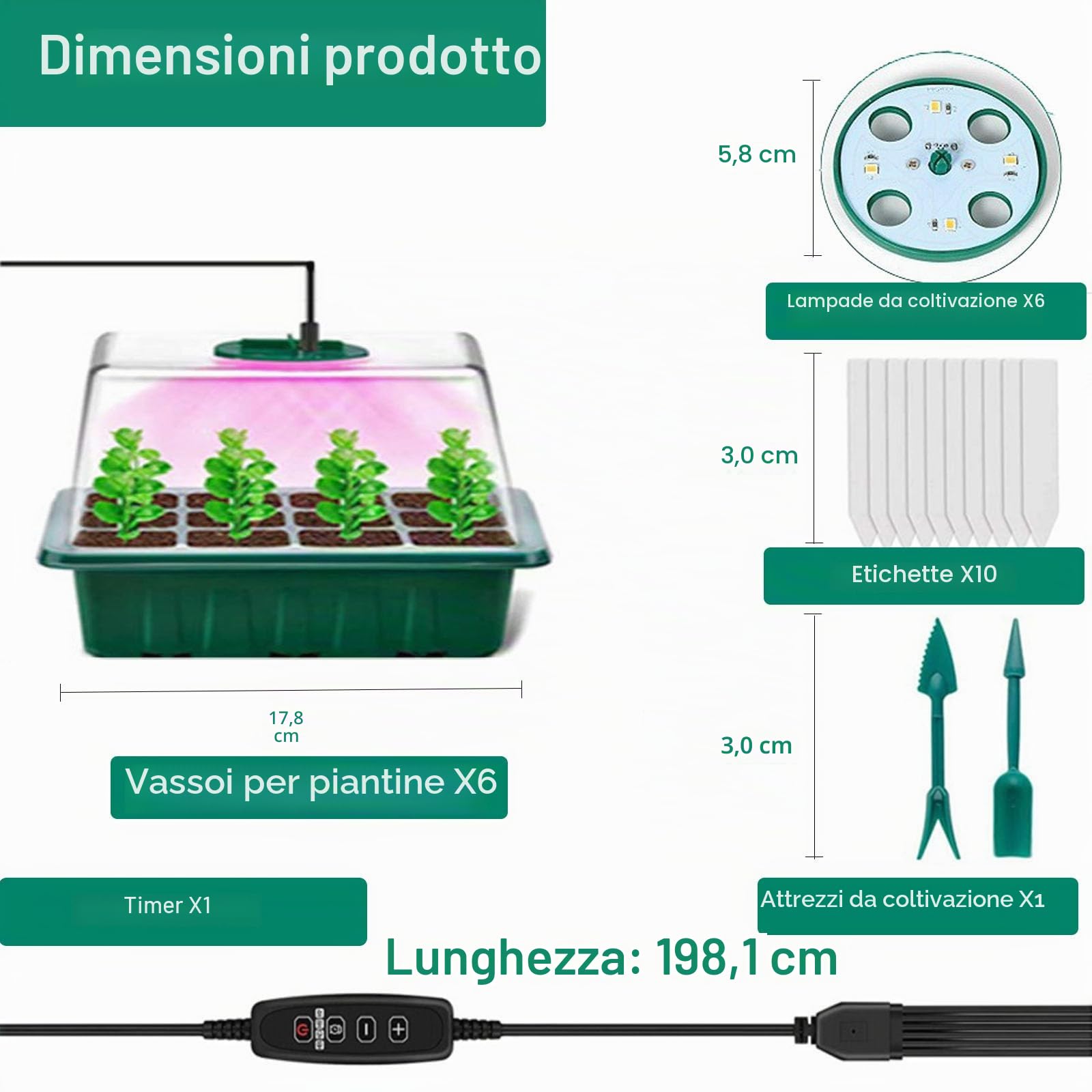 XVZ Vassoio Germinazione con Luce di Coltivazione, 6 Pezzi Vassoi per Semi Luminosità Regolabile e Regolatore di Temporizzazione per una crescita e un'umidità ottimali