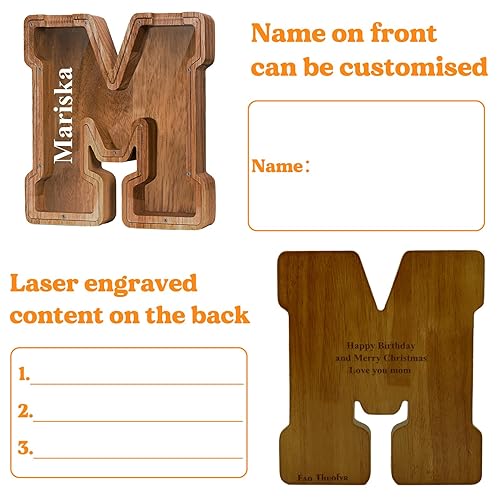 Vista 62 de Customized Name Large Wooden Piggy Bank for Boys Girls Alphabets Letter A-Z Coins Bills Money Change Bank Box Initial on Clear Cover