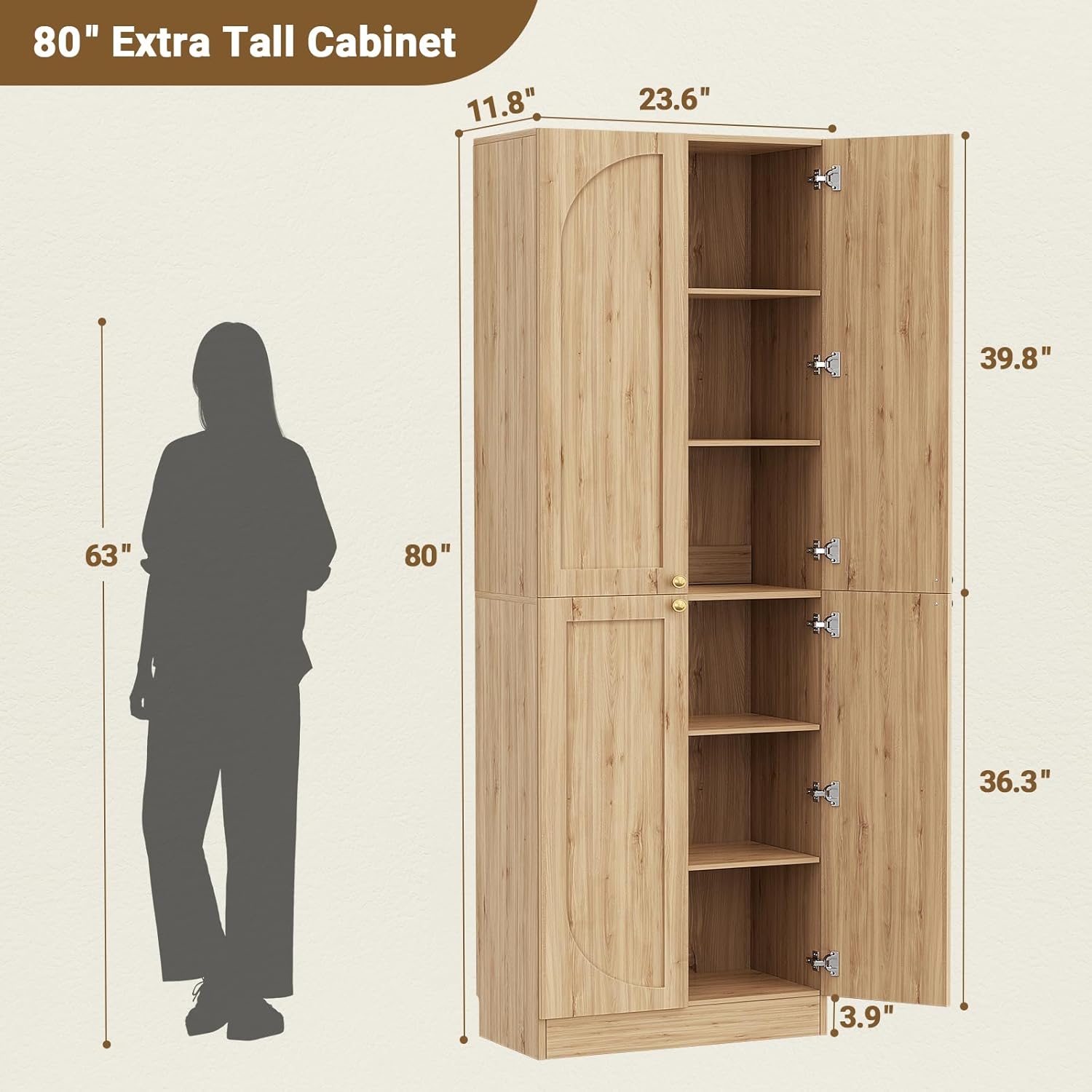 Cyclysio 80" Kitchen Pantry, Extra Tall Arch Storage Cabinet with 4 Doors and Adjustable Shelves, Freestanding Wood Cupboard with Seamless Fit Wall for Dining Living Room Bathroom Furniture