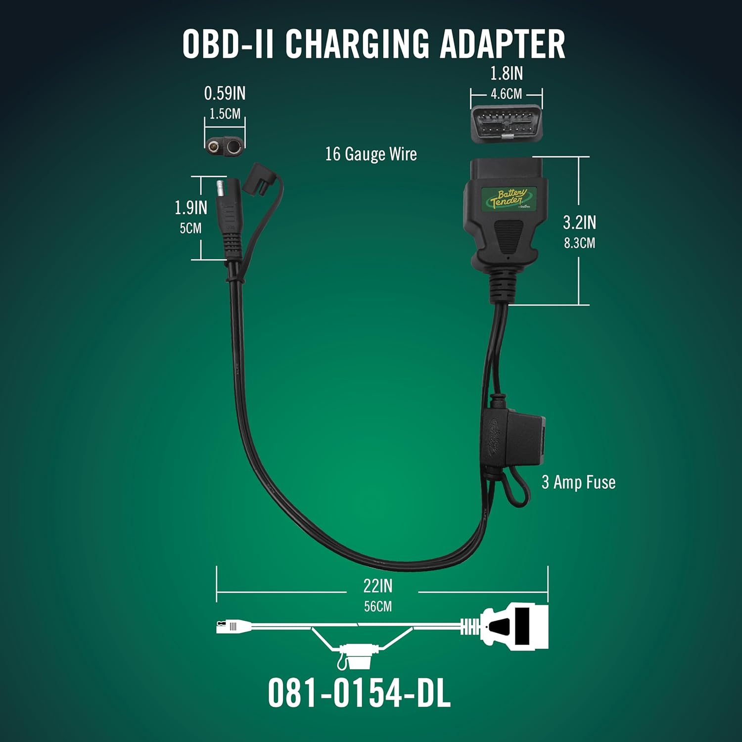 Battery Tender OBDII Adapter Cable for 12V Battery Charging - 22 Inch Cord - Solar Compatible - Charge Vehicle's 12V Battery Through OBD II Port - 081-0154-DL
