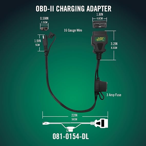 Battery Tender OBDII Adapter Cable for 12V Battery Charging - 22 Inch Cord - Solar Compatible - Charge Vehicle's 12V Battery Through OBD II Port - 081-0154-DL
