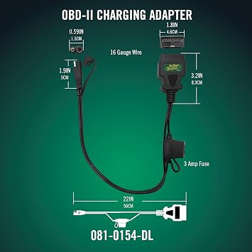 Battery Tender OBDII Adapter Cable for 12V Battery Charging - 22 Inch Cord - Solar Compatible - Charge Vehicle's 12V Battery Through OBD II Port - 081-0154-DL