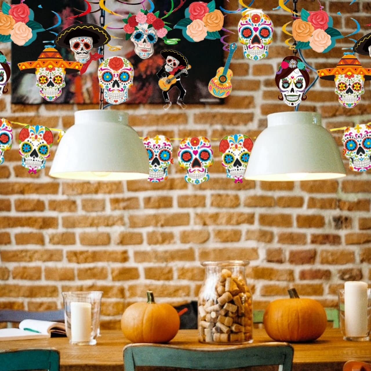 Décoration Fête Dia De Los Muertos - Bannière + 12 Serpentins Spiralés Crânes Sucre - Couleurs Vives - Pour Halloween, Fête Mexicaine