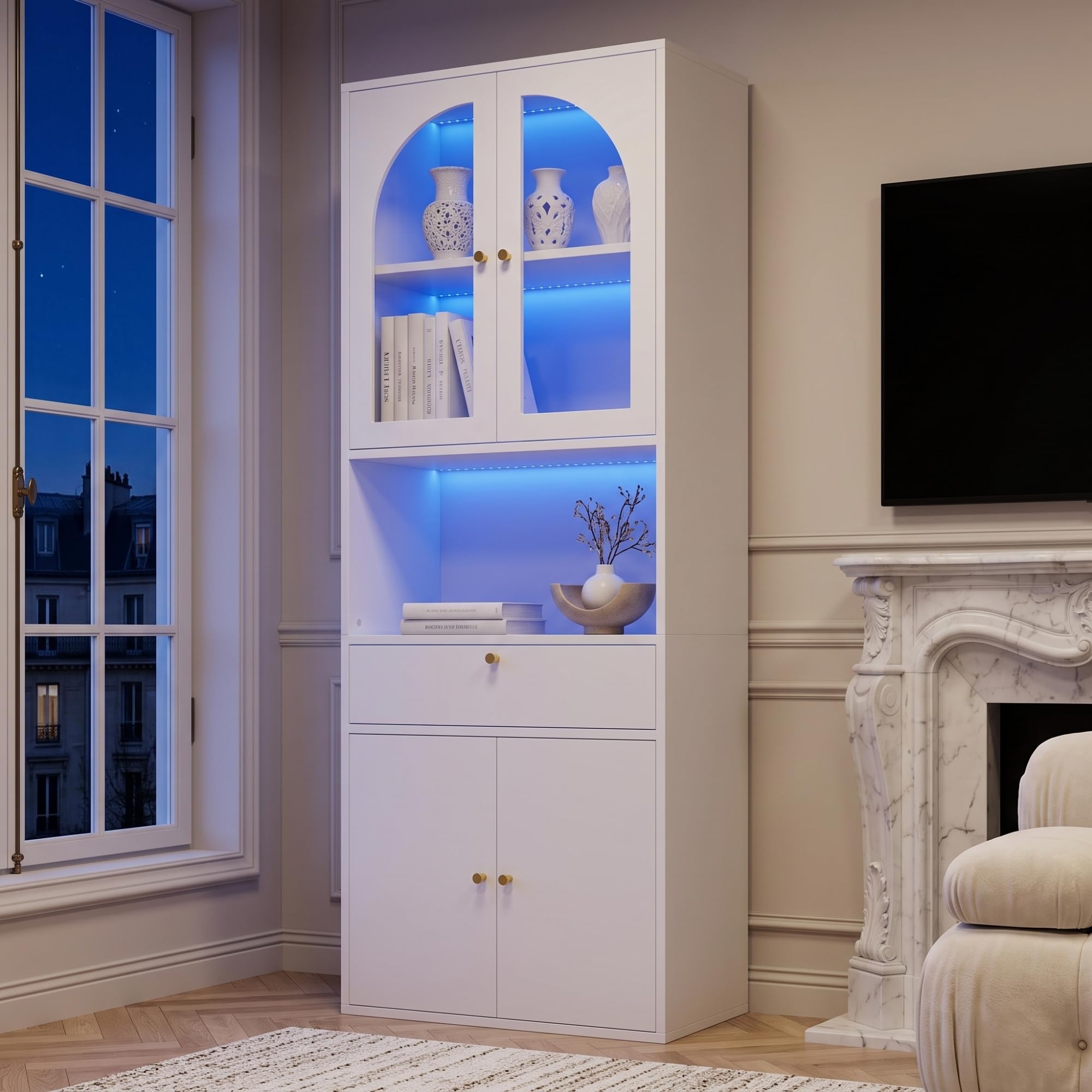 Vitrina de cristal, estantería, armario de oficina, armario de figura, armario alto, armario de cocina, con tiras LED RGB multicolor regulables, controlable mediante aplicación para smartphone, color